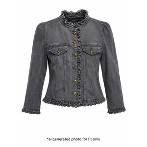 Light Ruffle Trim Button Front Denim Jacket Women Medium Dark Gray